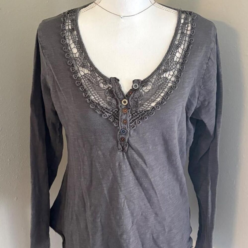 cute long sleeve henley blouse with a knitted trim